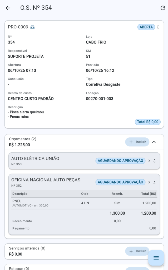 Dois orçamentos na mesma ordem de serviço, com a coluna de reembolso do locatário